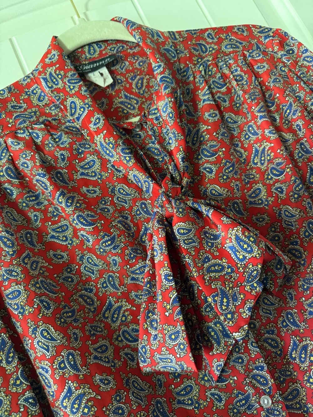 Vintage Gianna Red Paisley           Tie Neck Button-Front Blouse